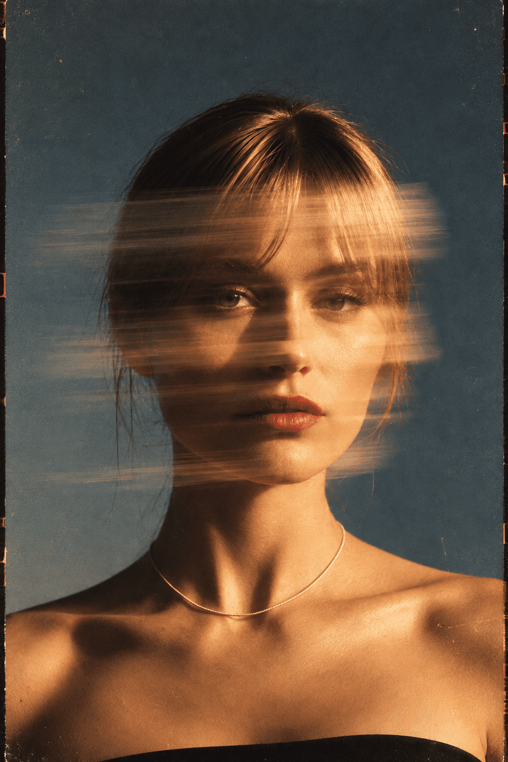 Portrait of a woman with a fringe, her face crossed by warm motion blur streaks
